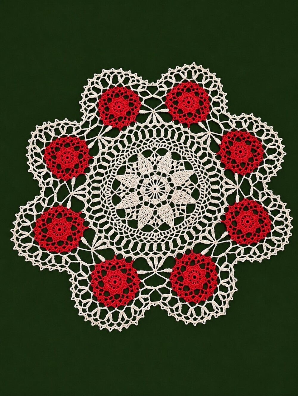 Vintage Red and White Hand Crochet Christmas Doily